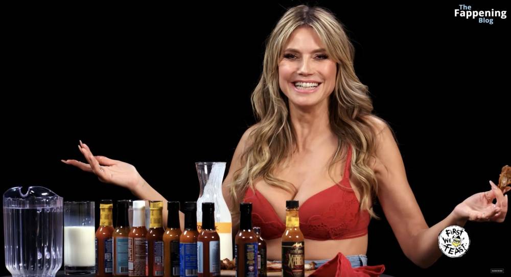 Heidi Klum Strips Down to Her Red Bra on Hot Ones (62 Pics + Video) - #19